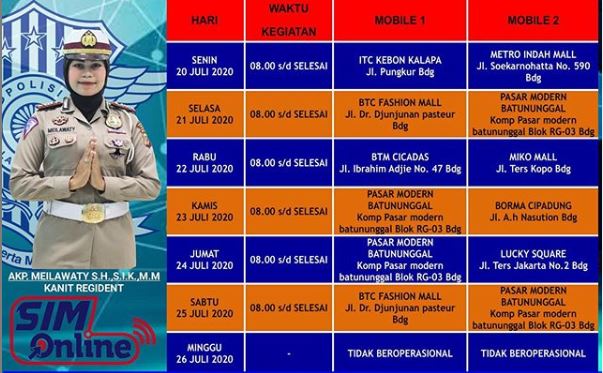 Jadwal SIM Keliling Kota Bandung Senin 20 - minggu 25 juli 2020